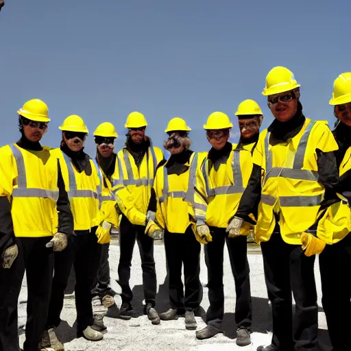 Prompt: black, shadowy, tall figures wearing yellow hard hats