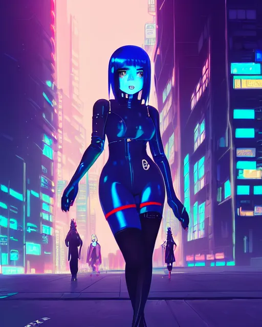 Image similar to digital illustration of cyberpunk pretty girl with blue hair, wearing a black dominatrix outfit, in city street at night, by makoto shinkai, ilya kuvshinov, lois van baarle, rossdraws, basquiat