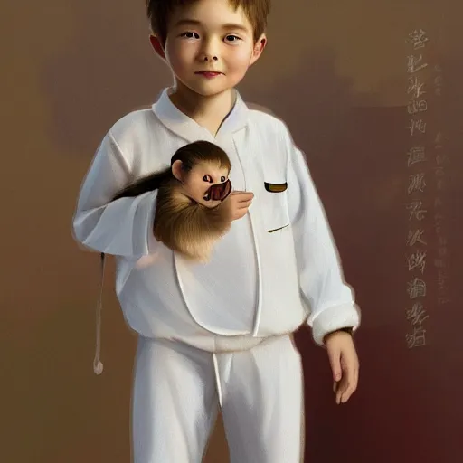 Image similar to young boy wearing white fabric pajama with cartoon paintings on it. standing and looking on a small furry smiling monkey. highly detailed, digital painting, artstation, concept art, smooth and sharp focus, cg by tian zi and wlop and alphonse mucha