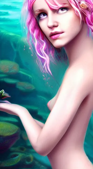 Prompt: naiad with fish tale, with light pink hair, photorealistic, 4k