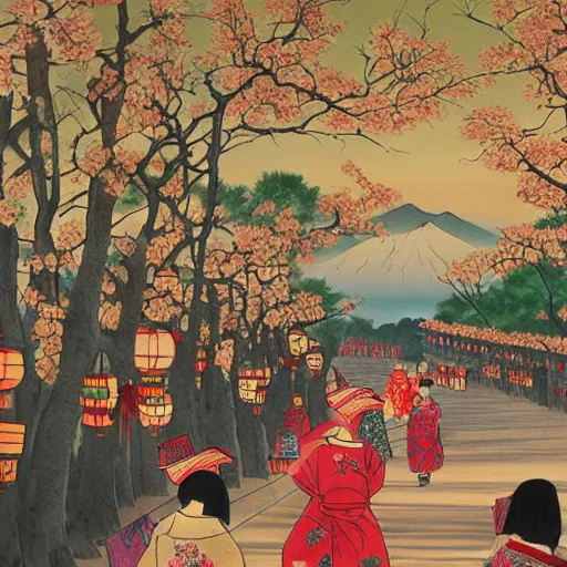 Prompt: a beautiful painting of the lantern festival in old kyoto