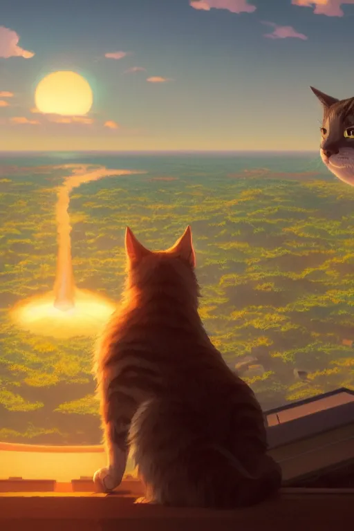 Prompt: a highly detailed matte painting of a cat watching a nuclear explosion in the distance by studio ghibli, makoto shinkai, by artgerm, by wlop, by greg rutkowski, volumetric lighting, octane render, 4 k resolution, trending on artstation, masterpiece