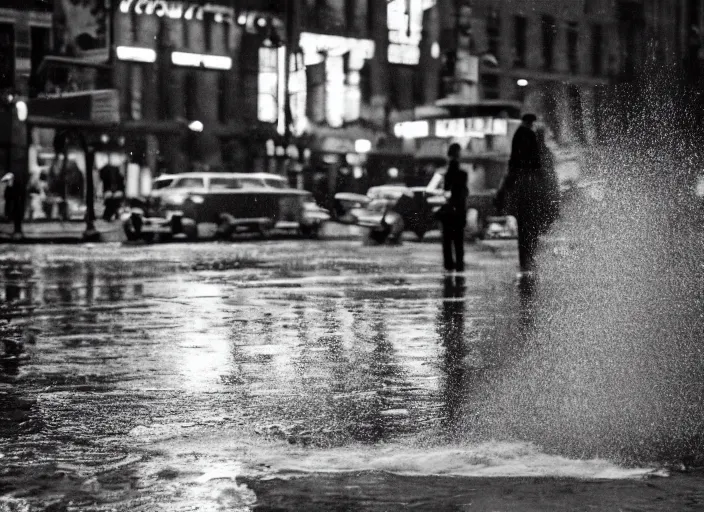 Image similar to a 3 5 mm photo from the back of people playing in splashing water from an open fire hydrant in the streets of new york city in the 1 9 6 0 s, bokeh, canon 5 0 mm, cinematic lighting, dramatic, film, photography, golden hour, depth of field, award - winning, 3 5 mm film grain