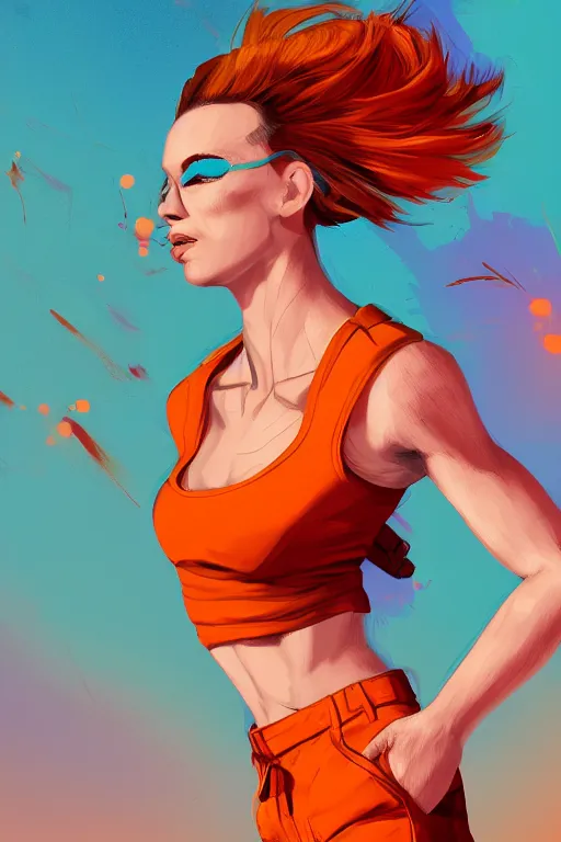 Image similar to a award winning half body portrait of a beautiful caucasian woman in a croptop and cargo pants with ombre orange blue teal hairstyle with head in motion and hair flying by will eisner, outrun, vaporware, digital art, trending on artstation, highly detailed, fine detail, intricate