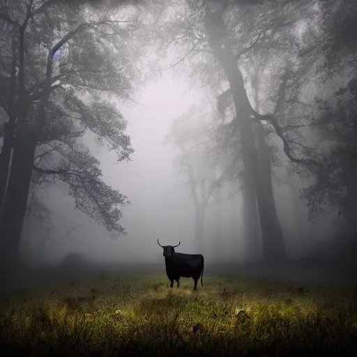 Image similar to Highly realistic painting of a cow standing in the middle of a dark forest, oak trees, fog, moody lighting, volumetric lighting