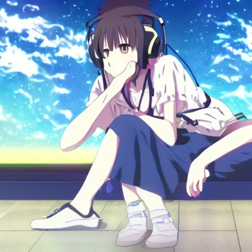 Image similar to girl listening to music at 1 am falling asleep, anime, kyoto animation key visual