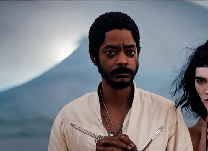 Prompt: first official image from paul thomas anderson's new space opera film starring lakeith stanfield and grimes. shot on alexa mini, stunning cinematography, filmgrain, kodak vision 2 0 0 t, shot composition