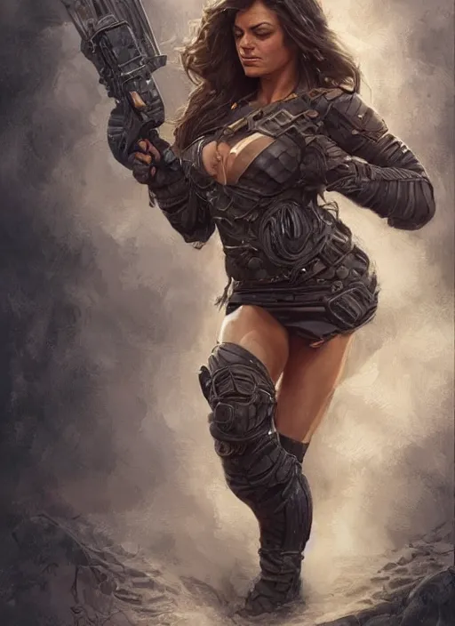 Image similar to muscled Mila Kunis grinning as a ruggedly handsome heroine, intricate, elegant, highly detailed, centered, artstation, concept art, smooth, sharp focus, illustration, bokeh art by artgerm and donato giancola and Joseph Christian Leyendecker, WLOP