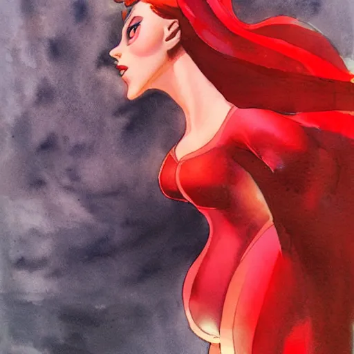 Image similar to black and red watercolor painting of little mermaid from disney by alex ross