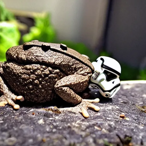 Prompt: a toad in a garden eating a stormtrooper