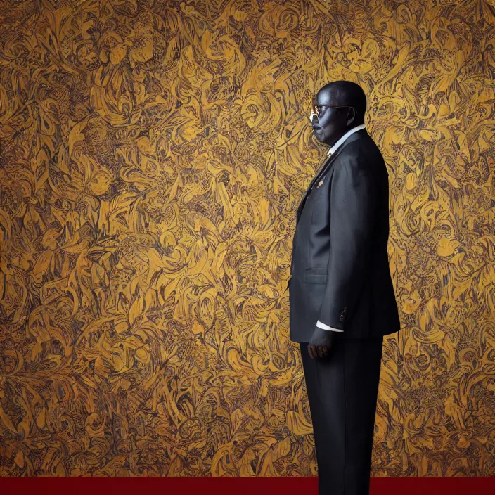 Image similar to a painting of a XXL wise elder from Kenya in a suit by Kehinde Wiley . dramatic angle, ethereal lights, details, smooth, sharp focus, illustration, realistic, cinematic, artstation, award winning, rgb , unreal engine, octane render, cinematic light, macro, depth of field, blur, red light and clouds from the back, highly detailed epic cinematic concept art CG render made in Maya, Blender and Photoshop, octane render, excellent composition, dynamic dramatic cinematic lighting, aesthetic, very inspirational, arthouse.