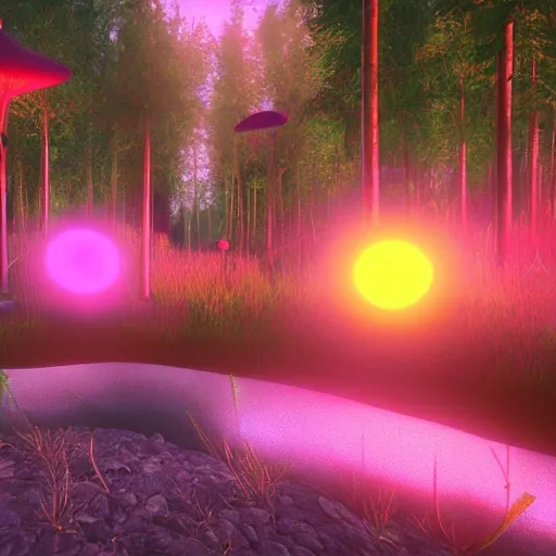 Image similar to A realistic strange neon lanscape, realistic, 4k resolution, detailled, realistic shaders, neon mushrooms, mushrooms particles, painting, forests, strange neon plants, realistic, detailled.