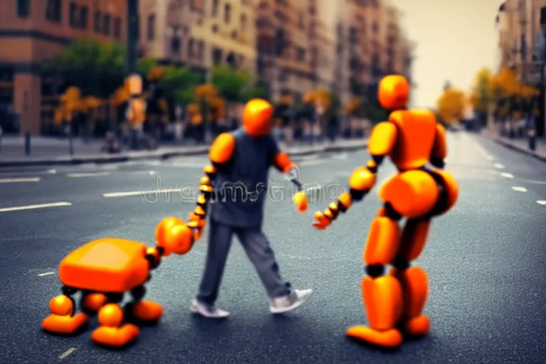 Image similar to : epic professional realistic photography of a orange robot + helping an elderly man cross the street + best on cgsociety, stock image, astonishing, impressive, outstanding, epic, cinematic, stunning, gorgeous, much detail, much wow,, masterpiece :
