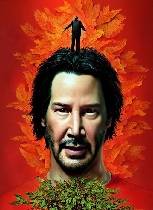 Image similar to highly detailed comedy caper movie poster with silly wacky zany keanu reeves as a sentient pile of leaves, keanu reeves green face as tree sentient leafy bush by greg rutkowski, masterpiece, really funny, 1 0 / 1 0 comedy