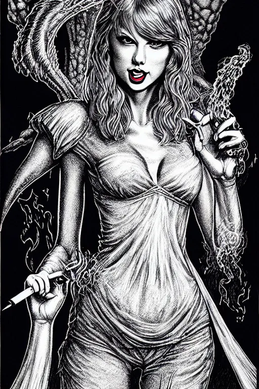 Prompt: taylor swift as a d & d smoke monster, full body, pen - and - ink illustration, etching, by russ nicholson, david a trampier, larry elmore, 1 9 8 1, hq scan, intricate details, inside stylized border