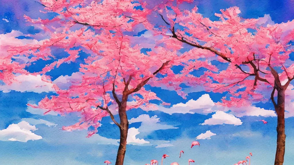 Prompt: watercolor landscape, cherry blossoms, sky, clouds, flamingos, high key lighting,