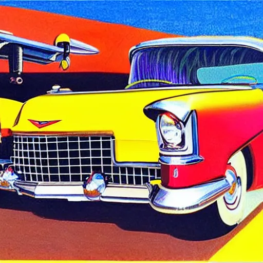 Prompt: a color pencil product design drawing of a 5 0 s flying cadillac car with plane wings