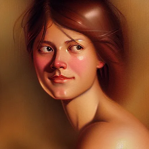 Image similar to Facial portrait of a cute shy woman, looking away from the camera, seductive smile, sparkle in eyes, mouth slightly open, lips slightly parted, long flowing hair, no hands visible, intricate, extremely detailed painting by Henry Justice Ford and by Greg Rutkowski and by Moebius, golden hour