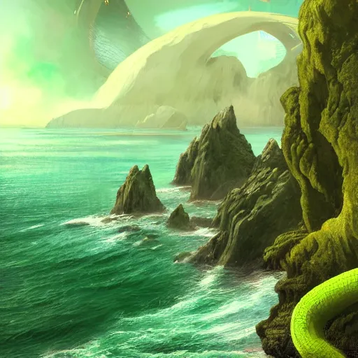 Prompt: a scary glowing green scifi portal to another world in darwin's arch, ocean and rock landscape, science fiction, intricate, elegant, highly detailed, digital painting, artstation, concept art, matte, sharp focus, illustration, art by hayao miyazaki and hideo kojima