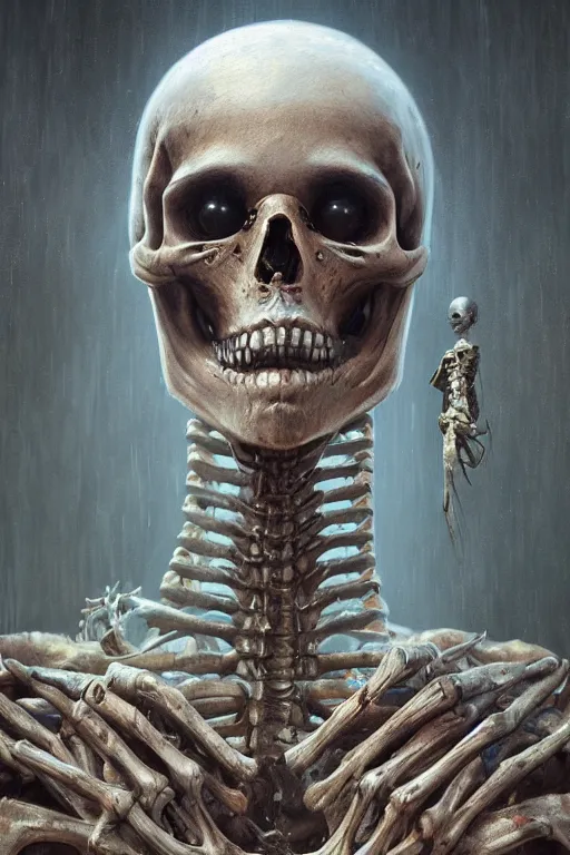 Prompt: a hiper intricate oil portrait of an alien skeleton godess in hood, drip painting, skuls, excelent composition, wide shot, by zdzislaw beksinski, intricate, horror atmosphere, unreal engine 5 highly rendered, global illumination