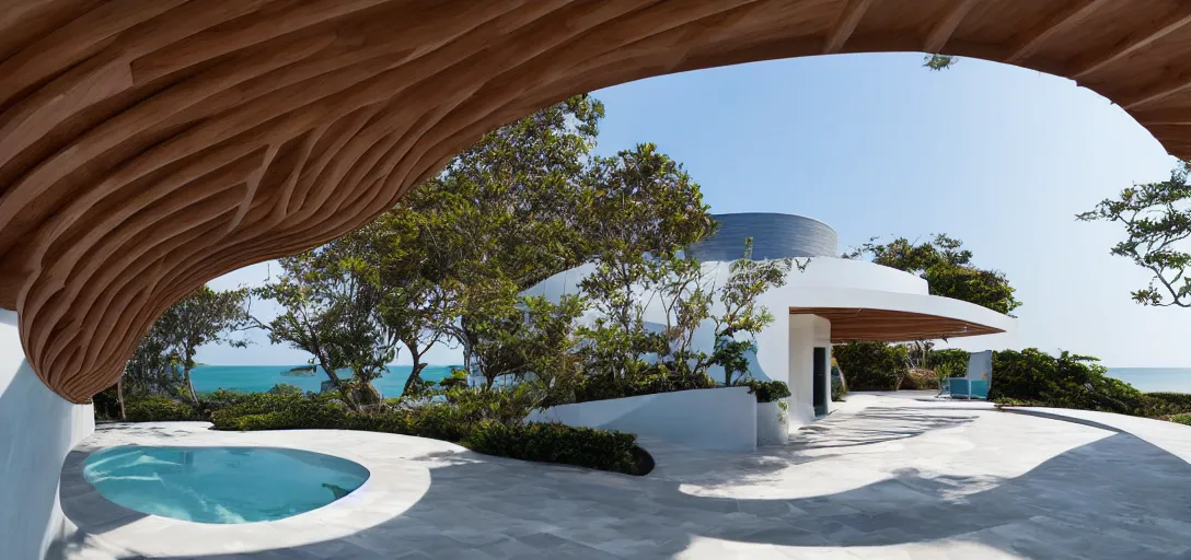 Image similar to curved roof planes lift and descend creating shade and architectural expression, highly detailed, beach house, marble, vivid color, high resolution photography, mist, luxury house