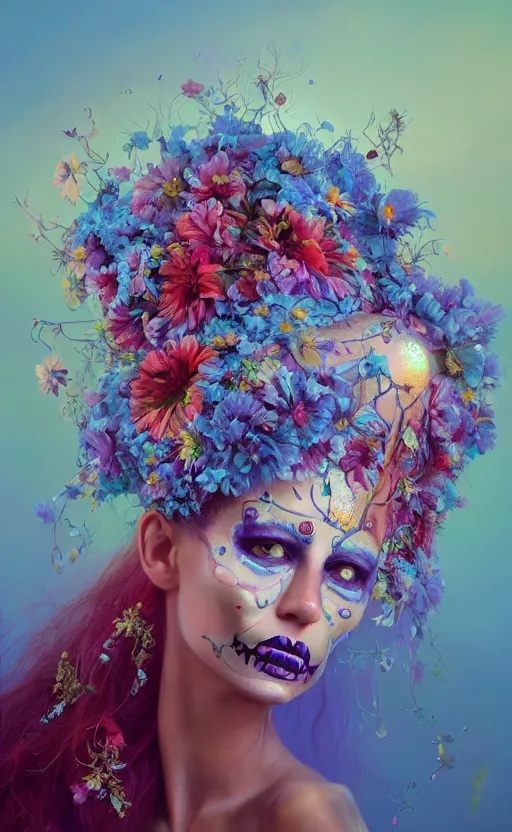 Image similar to a beautiful oil painting hyperrealism of a beautiful woman, flowers, dia de los muertos makeup, floral headdress, 8 k resolution, octane render, trending on artstation, by gediminas pranckevicius, volumetric light 2 blue fractal thunder glow by dan mumford, anaglyph effect, laurie lipton