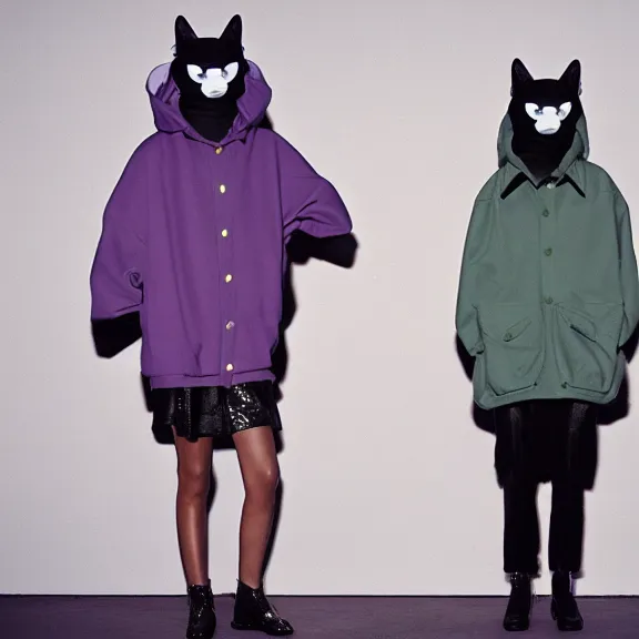 Prompt: two models in plastic cat masks wearing baggy colorful 9 0 s jackets by rick owens. magazine ad. pastel brutalist background.