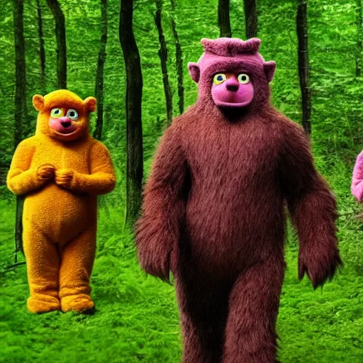 Image similar to photo of feral cryptid sasquatch teletubbies in the woods