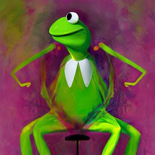 Prompt: A beautiful installation art of a large, colorful Kermit the Frog. The Kermit is surrounded by swirling lines and geometric shapes in a variety of colors maroon by Ryohei Hase neat