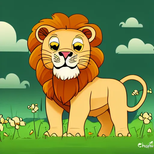 Image similar to cute cheerful lion with his two ears and his trunk in a meadow, colouring - in sheet, concept design, character art, sharp focus, highly detailed, artstation