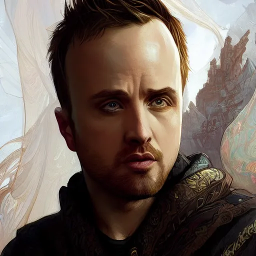 Image similar to jesse pinkman, d & d, fantasy, intricate, elegant, highly detailed, digital painting, artstation, concept art, matte, sharp focus, illustration, hearthstone, art by artgerm and greg rutkowski and alphonse mucha