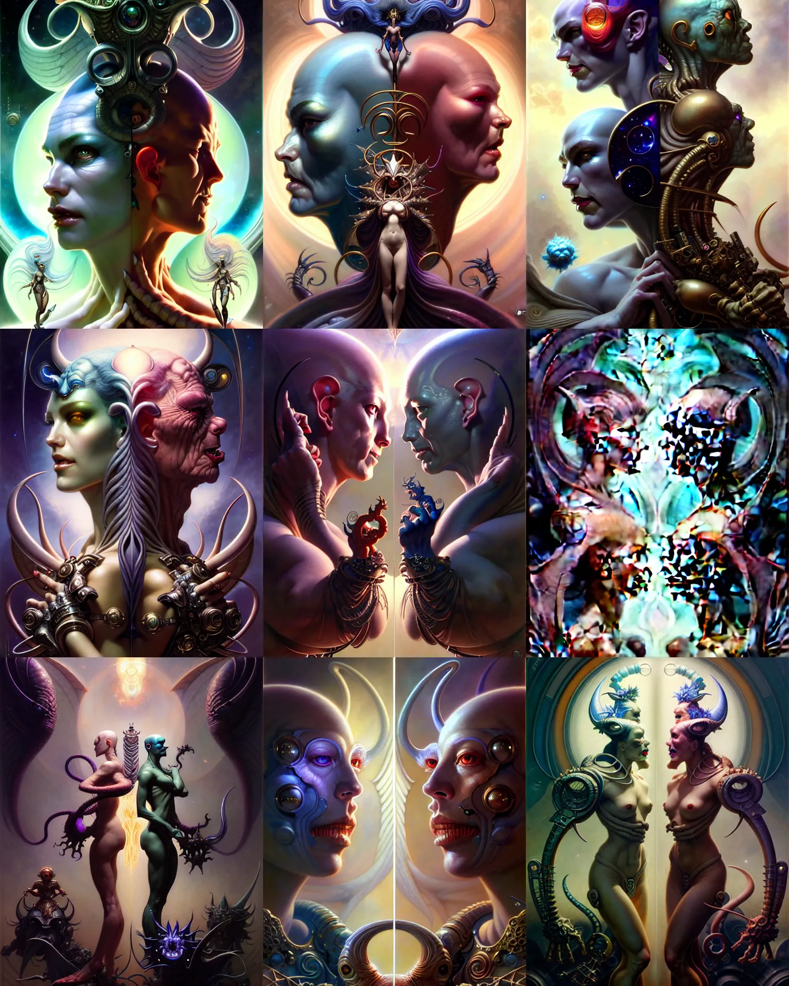 Image similar to beautiful gemini good and evil, happy and sad faces, fantasy character portrait, ultra realistic, wide angle, intricate details, the fifth element artifacts, highly detailed by peter mohrbacher, boris vallejo, hajime sorayama, wayne barlowe, aaron horkey, gaston bussiere, craig mullins