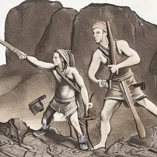 Prompt: schoolbook image of ancient humans discovering guns near a rock.