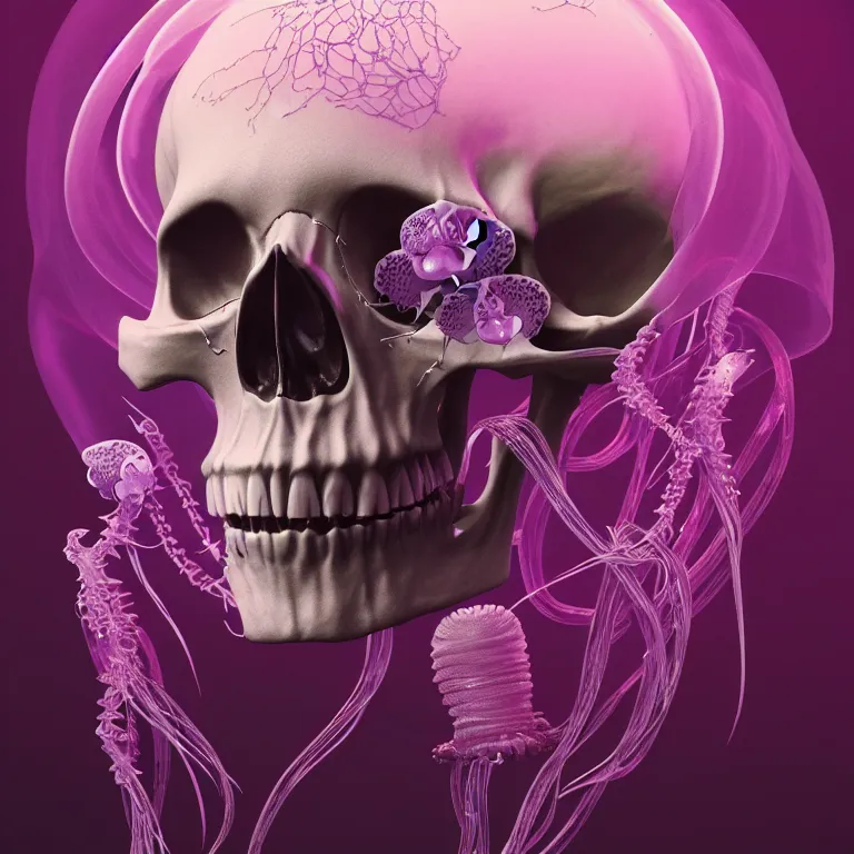 Prompt: portrait of skull and orchids, bio luminescent jellyfish, intricate artwork by Tooth Wu and wlop and beeple. octane render, trending on artstation, greg rutkowski very coherent symmetrical artwork. cinematic, hyper realism, high detail, octane render, 8k