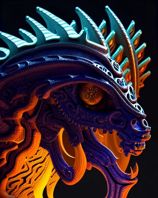 Image similar to 3 d ornate carved dark cosmic horse with profile portrait, sigma 5 0 0 mm f / 5. beautiful intricate highly detailed quetzalcoatl skull. bioluminescent, plasma, lava, ice, water, wind, creature, thunderstorm! artwork by tooth wu and wlop and beeple and greg rutkowski, 8 k trending on artstation