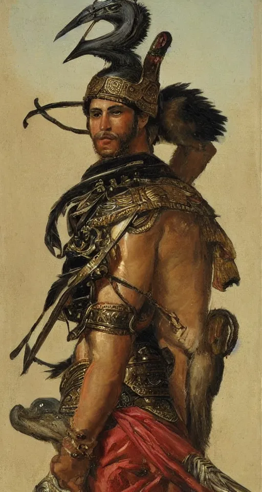 Prompt: orientalist portrait painting of a the great greek warrior achilles with a cormorant on his shoulder, in romantic style, sfumato