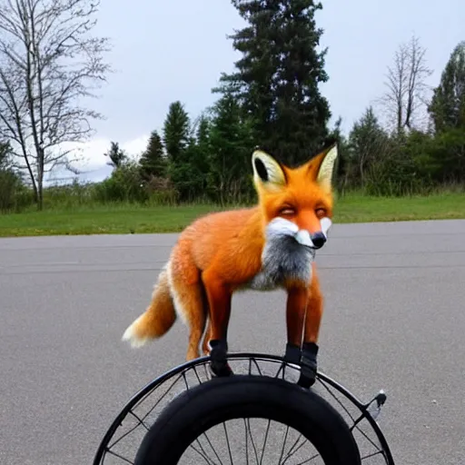 Prompt: a fox animal juggling wheels of cheese while riding a unicycle