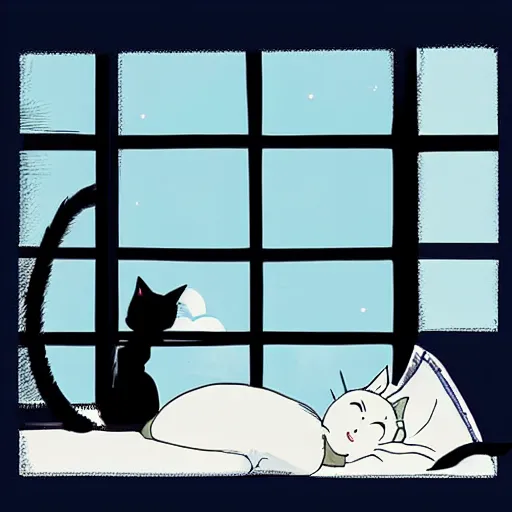 Image similar to “studio ghibli style illustration of a black cat sleeping on a window next to a blonde girl”