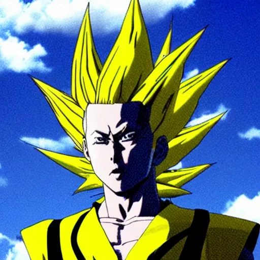 Prompt: christopher walken super saiyan, yellow aura, yellow spiky hair, blue sky and clouds in background