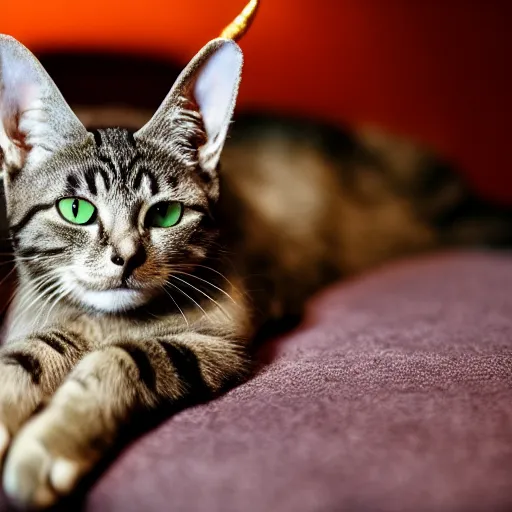 Prompt: a cat with devil horns, professional photography