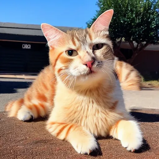 Image similar to peanut the cat is mega floomfed out in the hot sunny weather.