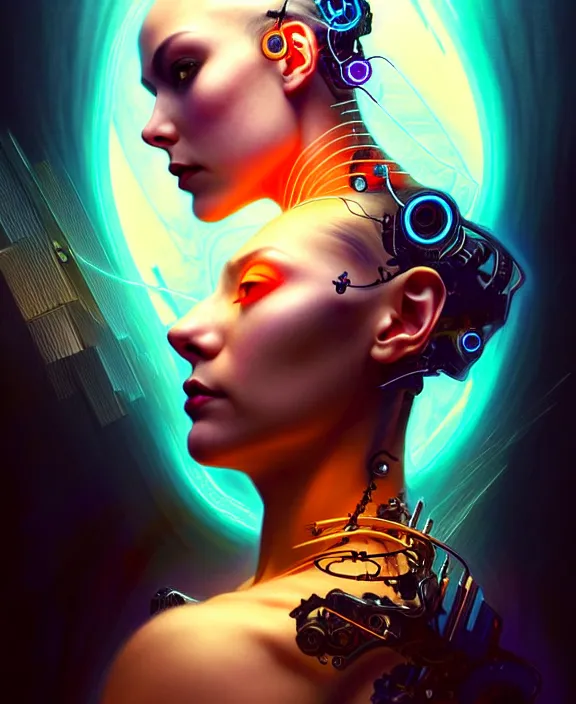 Image similar to a whirlwind of souls rushing inside the metaverse, hologram, half body, neurochip, shaved temple, piercing, jewelry, android, cyborg, cyberpunk face, by loish, d & d, fantasy, intricate, elegant, highly detailed, colorful, digital painting, artstation, concept art, art by artgerm and greg rutkowski and alphonse mucha