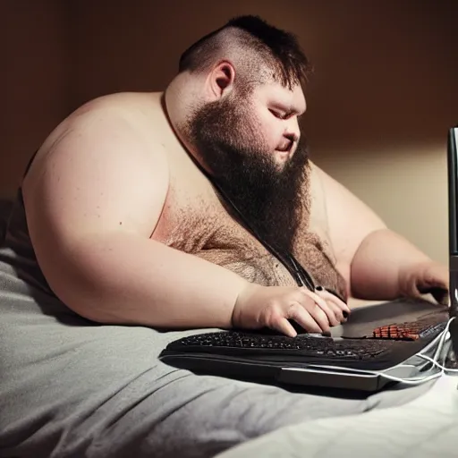 Image similar to a fat man working on his computer at nighttime in his room, dirty clothes, beard, short hair, white tank top, glowing, photography, realistic, detailed, cinematic, cinematography,