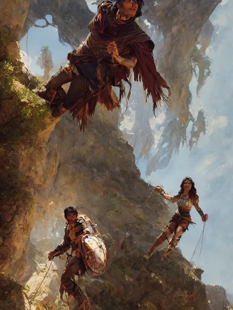 Prompt: oil art close - up portrait of one single young roma mage adventurer climbing down a cliffside in style of disco elysium character, gipsy jester character design from ravenloft, art by anders zorn, wonderful masterpiece by greg rutkowski, beautiful cinematic light, american romanticism by greg manchess, jessica rossier