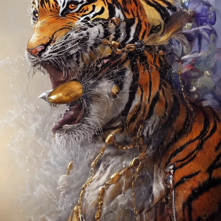 Prompt: masterful fantastic realist painting an exotic ancient feathered and bejeweled bird wearing an exquisitely painted bugaku mask of a tiger, gold chains strung like tinsel, digital painting trending on artstation, viciously blinded, bugaku tiger cosplay, swinging holy censors with thick smoke, volumetric lighting and mist, 3 / 4 portrait painting, hyperrealistic, octane