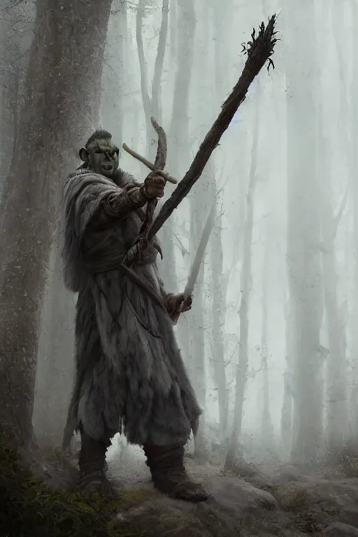 Image similar to a male orc druid, wearing a grey fur robe, holding a wooden staff in his right hand, Matte painting , detailed painting, greg rutkowski