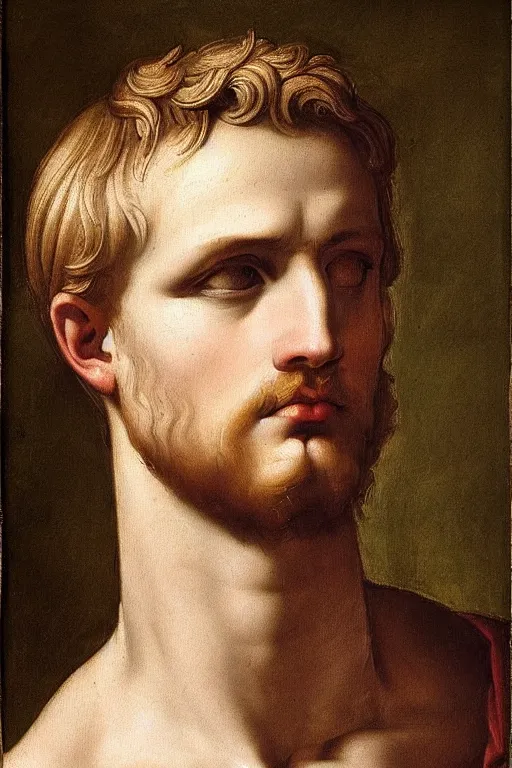 Image similar to renaissance painting of man, short blonde hair, thoughtful face, emotions closeup, dressed in roman armour, the beautiful garden with olive leaves, ultra detailed, art by Guido Reni style, Vincenzo Catena style