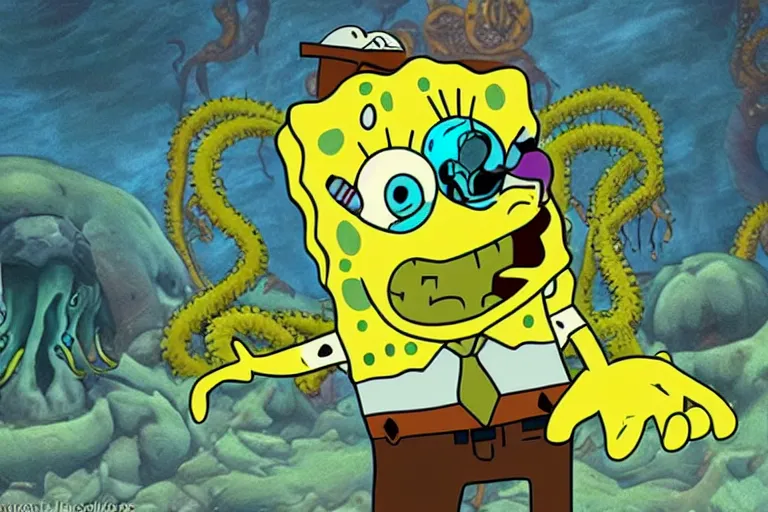 Prompt: Spongebob Cthulhu the world eater, photorealistic still from Alien Planet