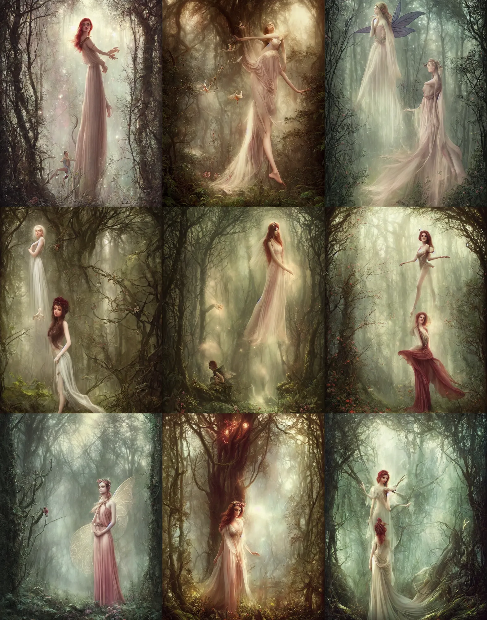 Prompt: elegant fairy princess standing in an enchanted forest, by Tom Bagshaw