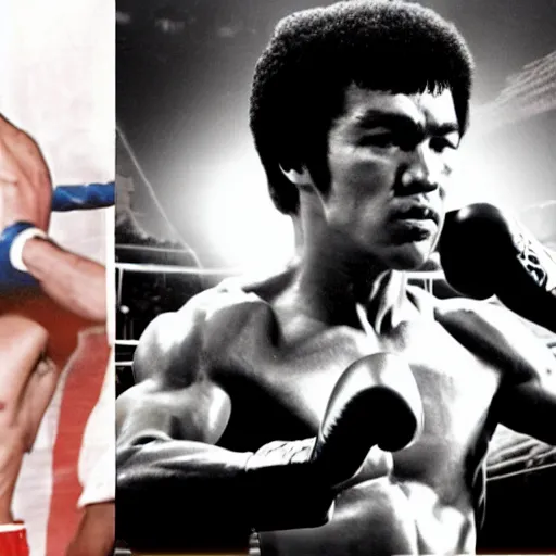 Image similar to bruce lee vs muhammad ali, arena fight, boxing ring